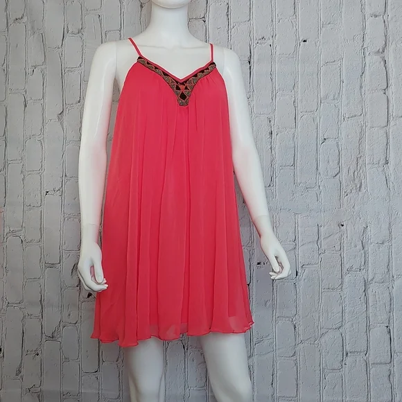 Express | Dresses | Express Coral Chiffon Trapeze Dress S Small Beaded V  Neck Strappy Sundress | Poshmark